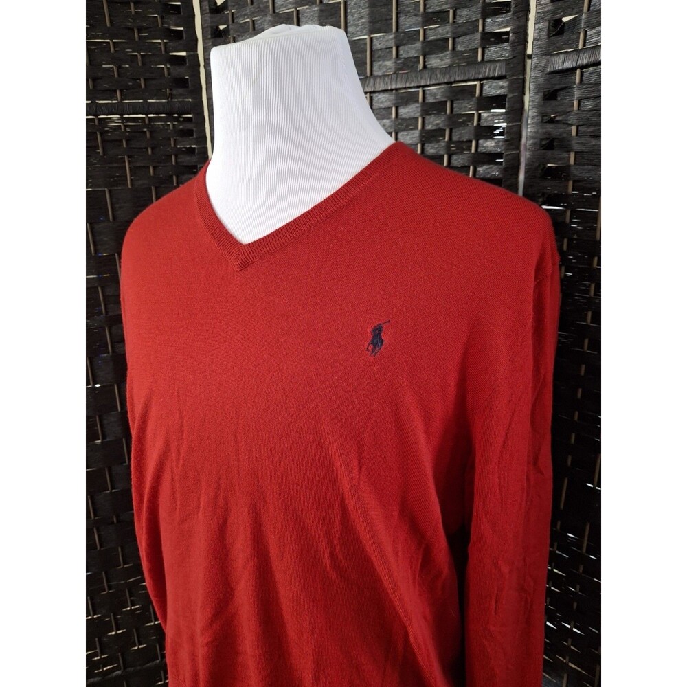Polo Ralph Lauren V Neck Sweater Mens XL Red Merino Wool Knit Vintage Y2K Preppy
